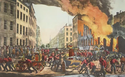 Het leven van een brandweerman - De ruïnes, uitgegeven 1854, Currier & Ives